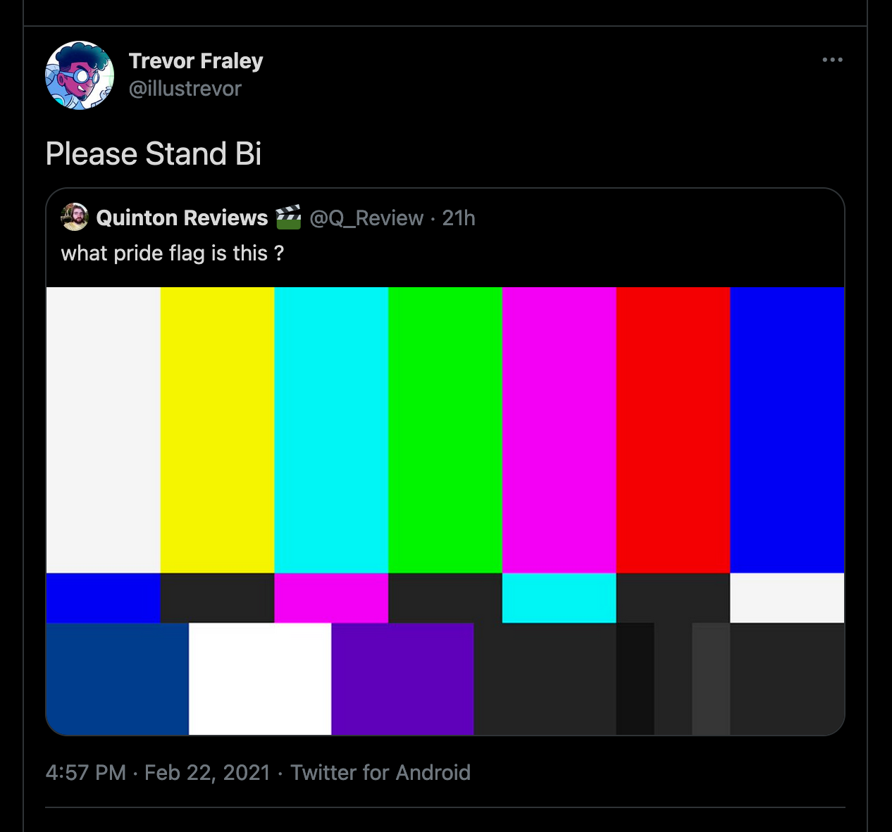 Tweet with an NTSC test pattern asking 'what pride flag is this?' answered with 'please stand bi'