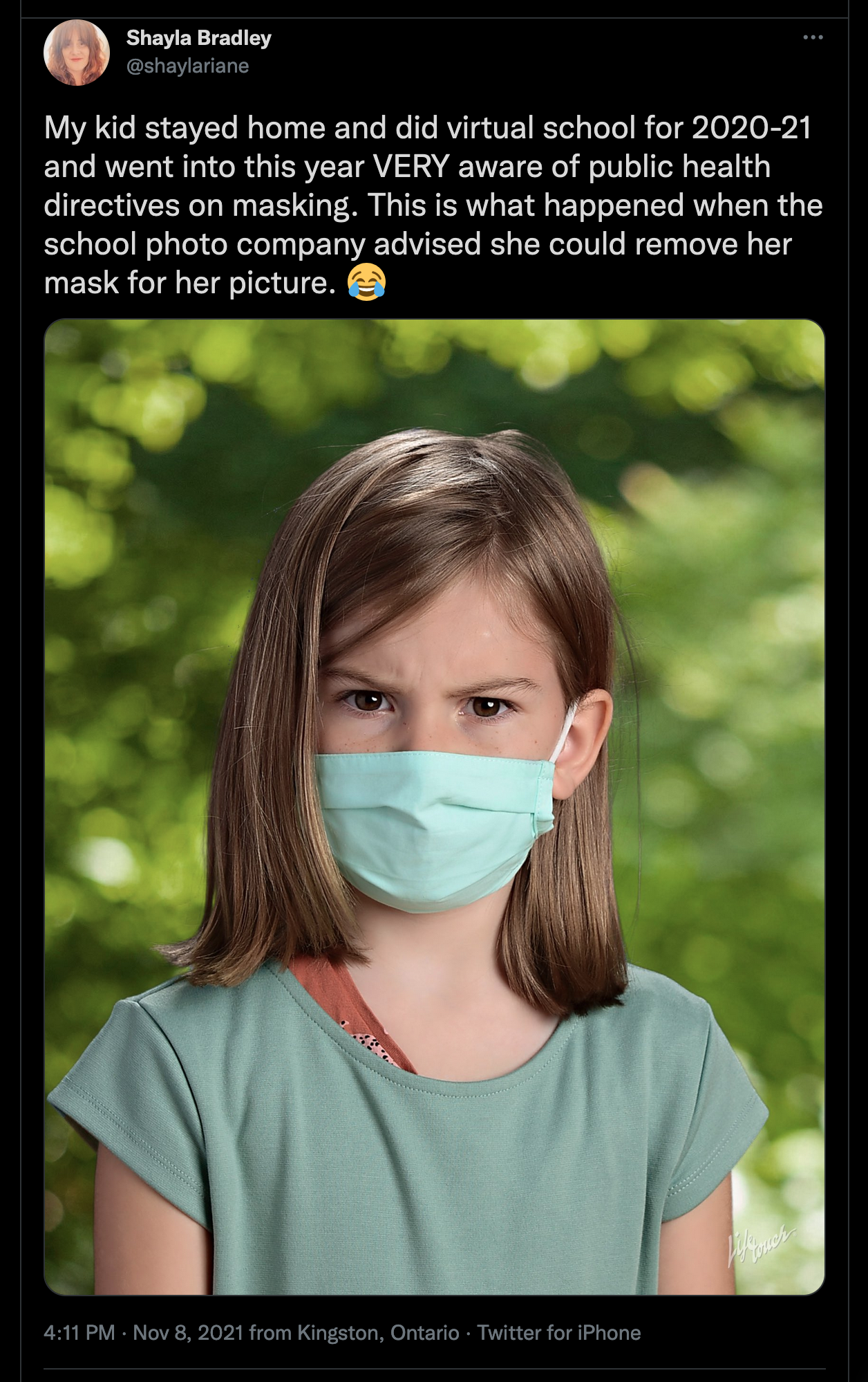 RT Shayla Bradley: My kid stayed home and did virtual school for 2020-21 and went into this year VERY aware of public health directives on masking. This is what happened when the school photo company advised she could remove her mask for her picture. Picture of a masked child with very angry eyes.