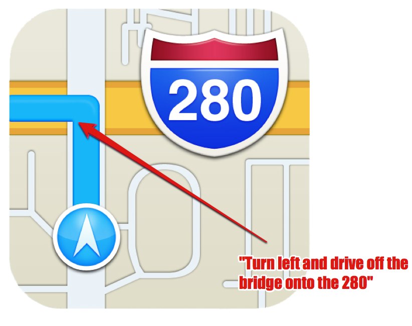 [Apple maps icon shows driving off bridge]