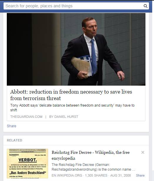 [Facebook link to headline of Tony Abbott quote on terrorism juxtaposed with Wikipedia Reichstag Fire recommendation]