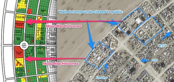 [Burning man 2014 MOOP map correlated to swankiness and exclusiveness of camps]