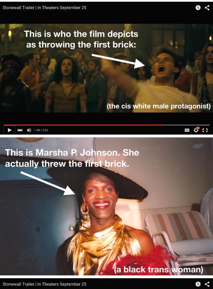 Picture comparing the white guy that the movie depicts as throwing the first brick vs the black trans-woman who actually did