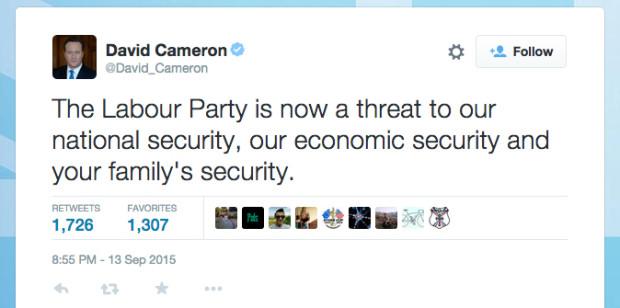 [Tweet: David Cameron: The Labour Party is now a threat to our national security, our economic security and your family's security.]